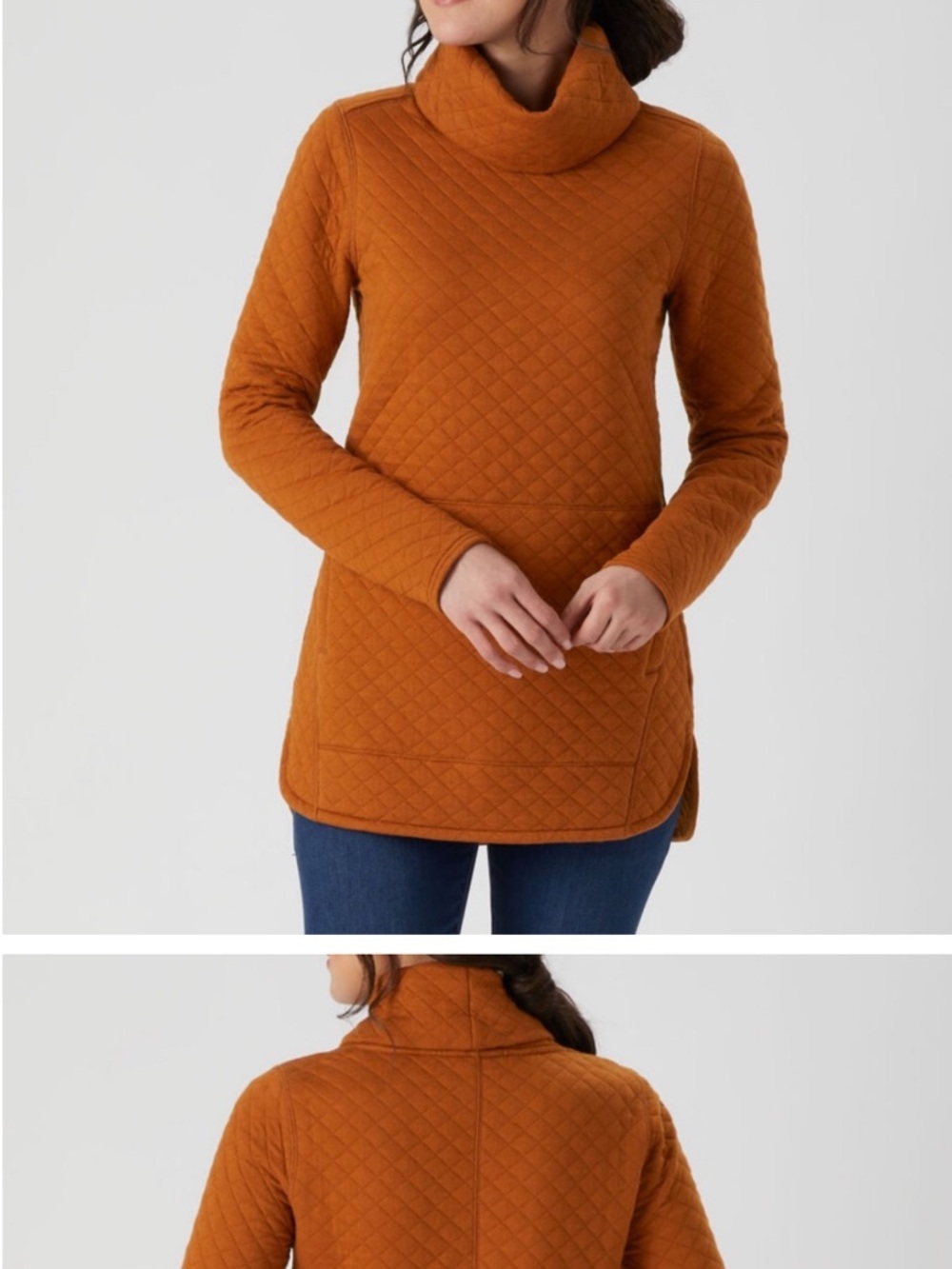 Duluth Trading Co Quilted Cowl Neck Sweater Tunic in deep ochre